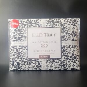 Ellen Tracy Black White Floral Cotton Sateen 300 Thread Count King‎ Sheet Set